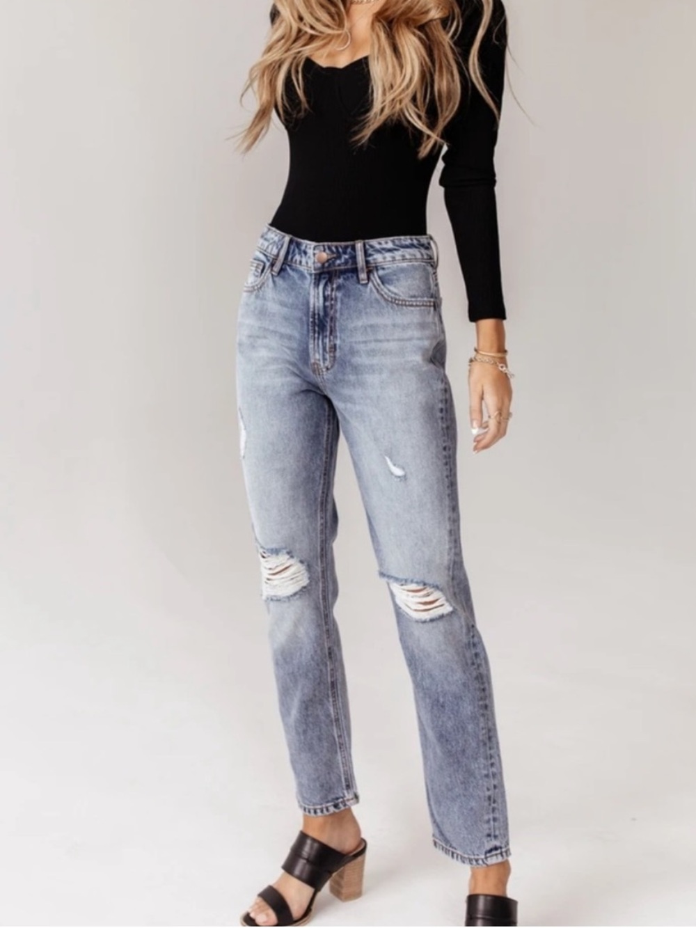 bohme Mom Jeans in Light Wash Distressed - Picture 3 of 11